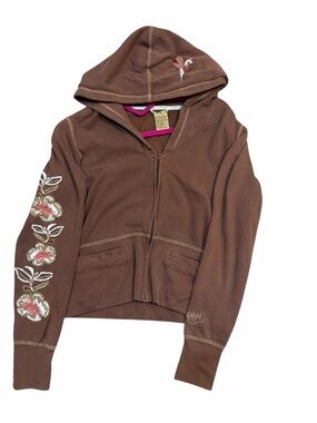 Vintage Y2K Roxy Brown Embroidered Floral Zip Up Hoodie